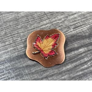 Vintage Enameled Maple Leaf Brooch On Copper Autumn Fall Tones